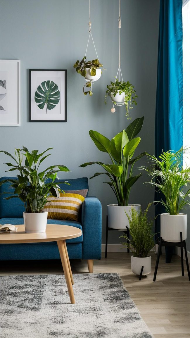 Gray Blue Room with Living Plants