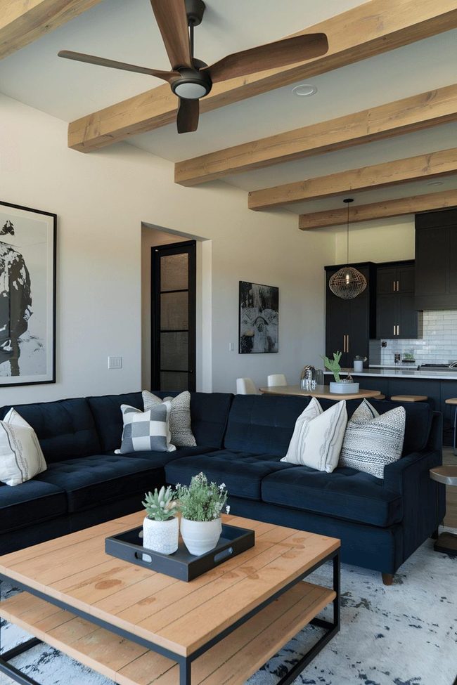 Dark Blue Sectional With Wooden Beam Architecture