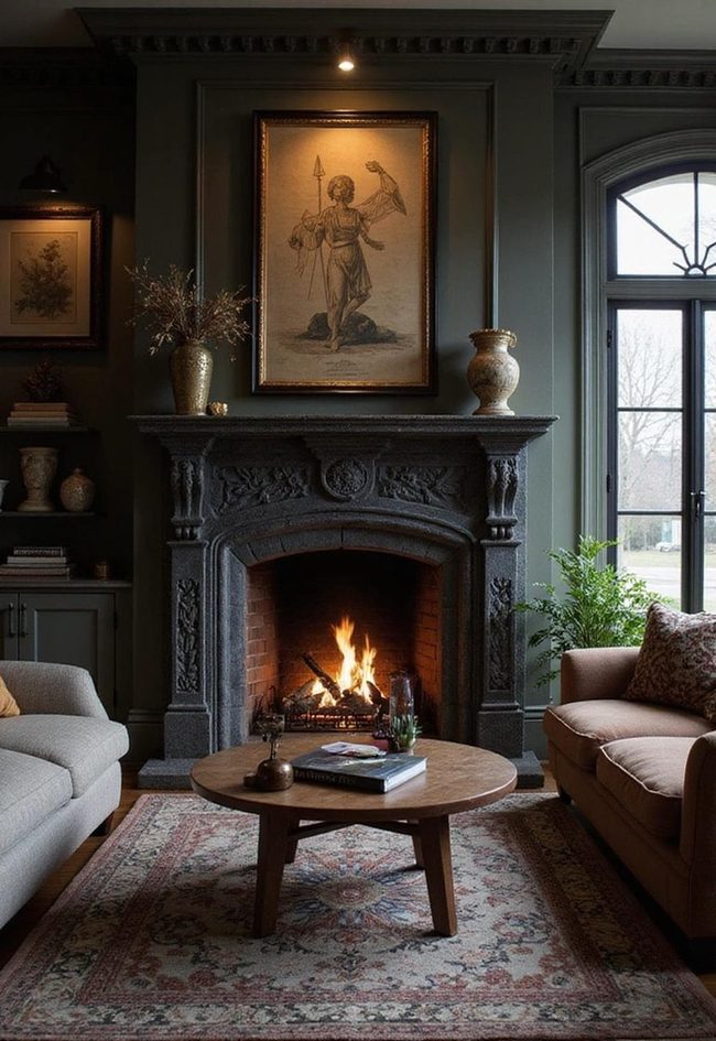 Dark Stone Fireplace Gathering Space
