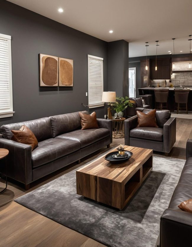 Gray Leather Meets Warm Wood