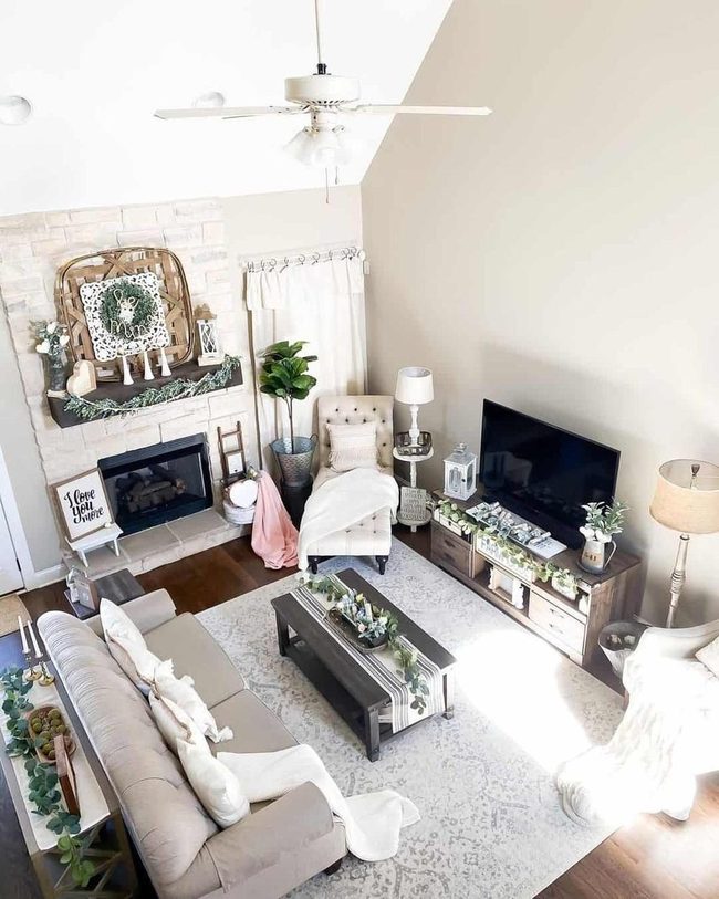 White Vaulted Ceiling Farmhouse Living