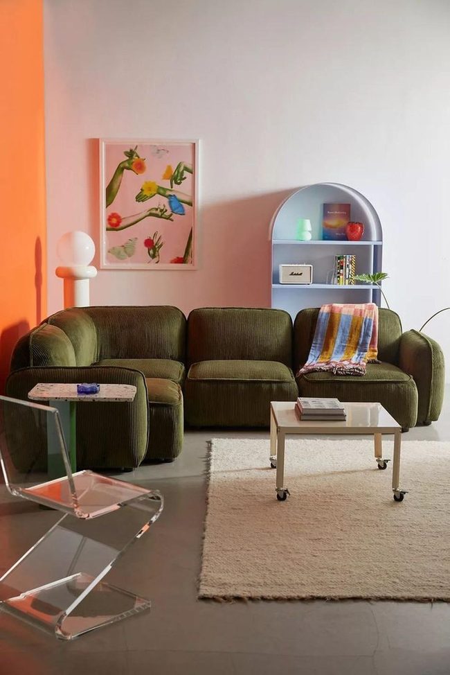 Olive Corduroy Sofa Statement Piece