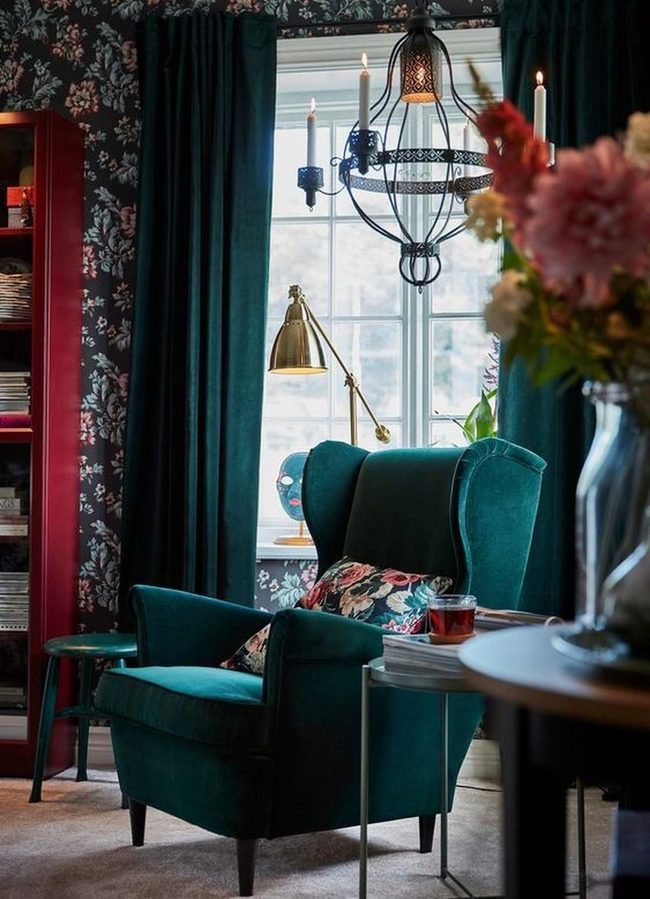 Dark Green Reading Nook With Floral Details