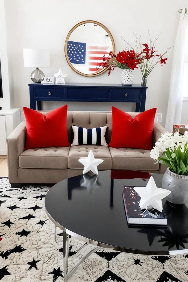 Red Velvet Pillows, Navy Stars
