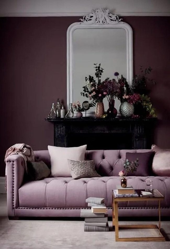 Purple Tufted Sofa Meets Deep Walls