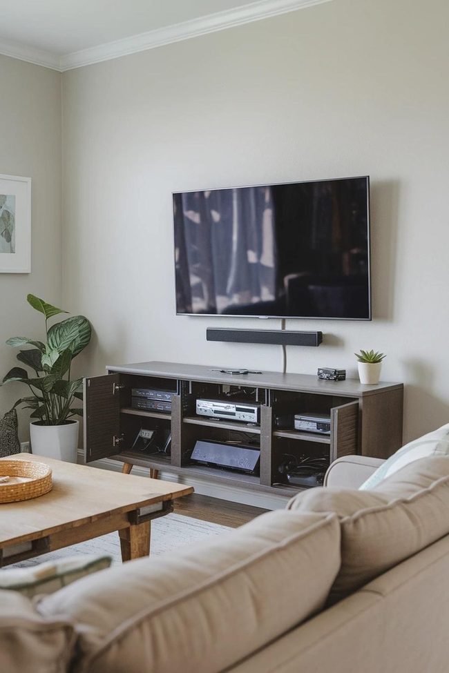 Wooden Media Cabinet Hides Clutter