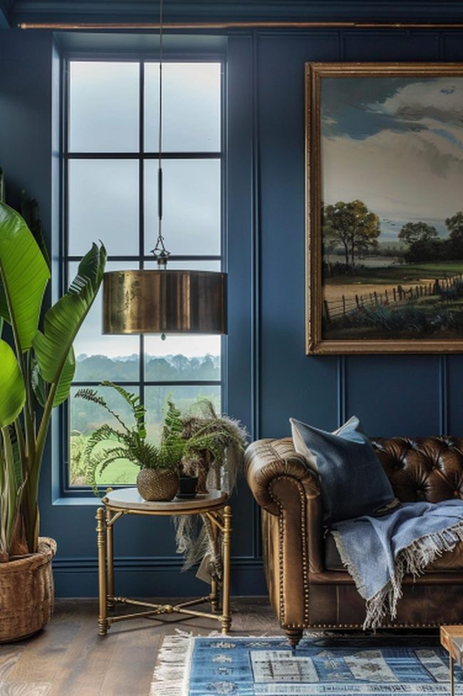 Inky Blue Walls With Chesterfield Sofa