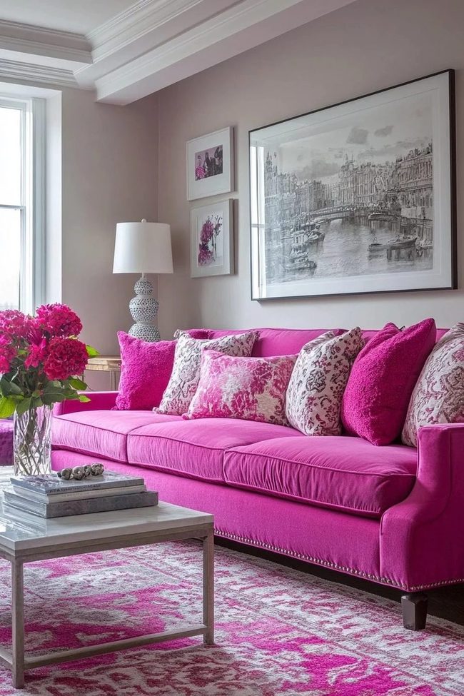 Pink Patterned Sofa With Florals