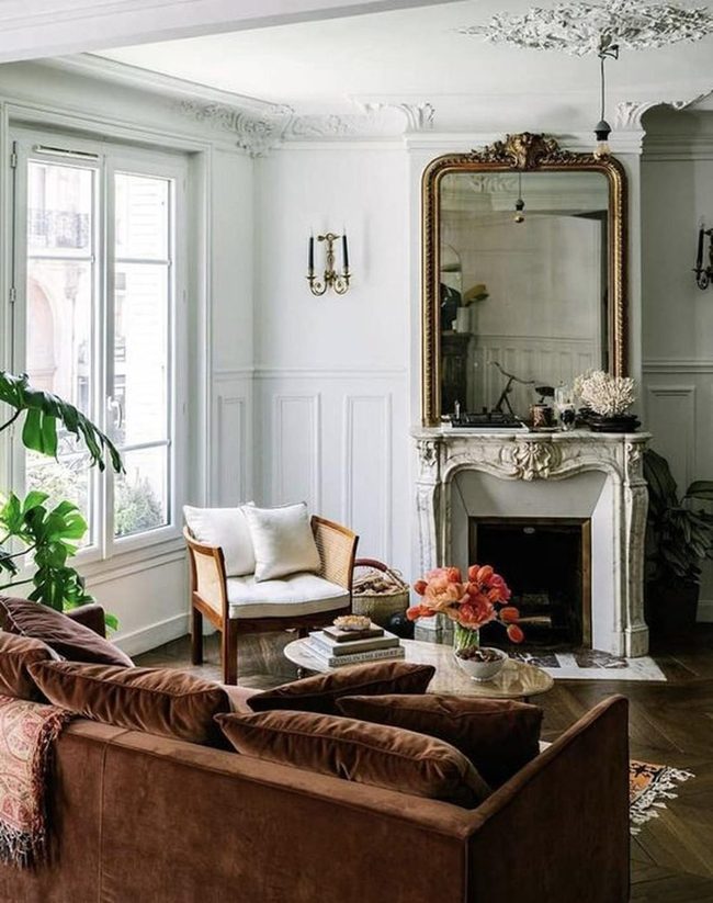 Marble Fireplace, Gold Mirrors, Brown Elegance