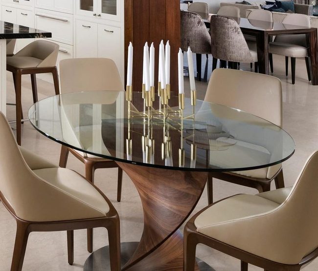 Sculptural Wood Base Glass Dining