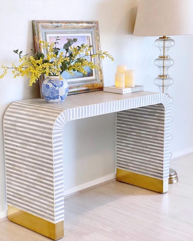 Gray Striped Entry Table With Gold