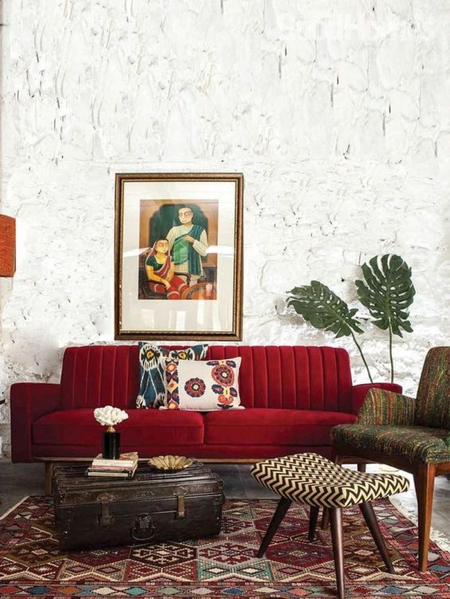 Red Sofa Meets White Brick