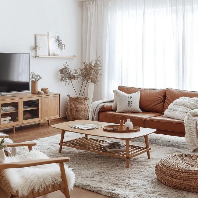 Cognac Couch With Lighting Oak Basics