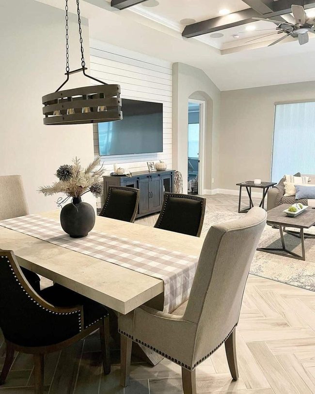 Beige Table, Plaid Runner, Bronze Cabinet