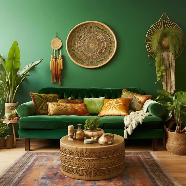 Emerald Velvet Couch With Global Prints