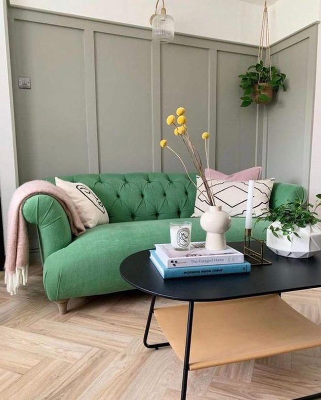 Green Couch Bold Buttons Focal Point