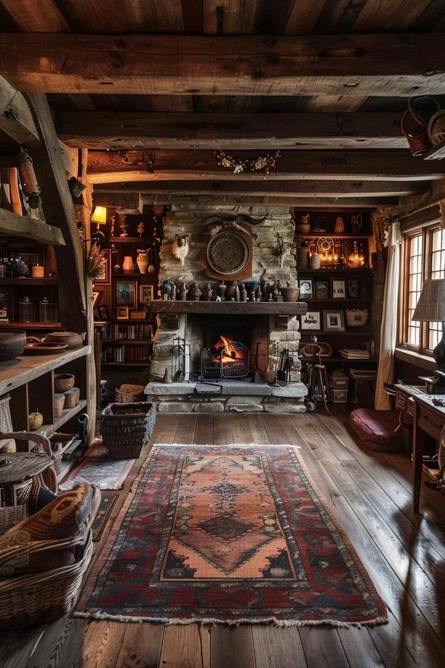 Dark Wood Fireplace Witchy Room