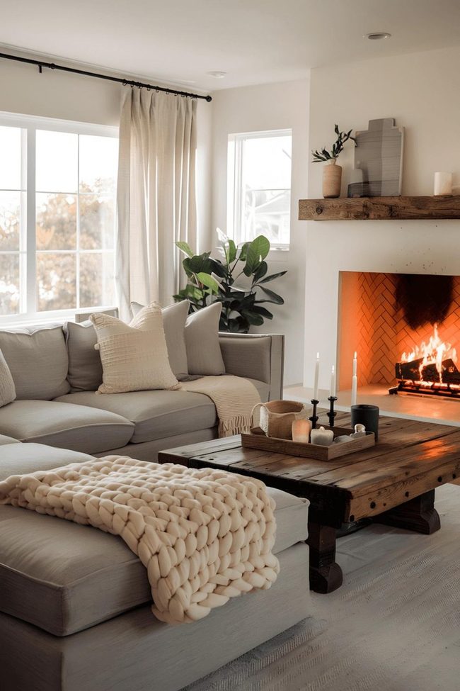 Gray Sectional And Crackling Fireplace Retreat
