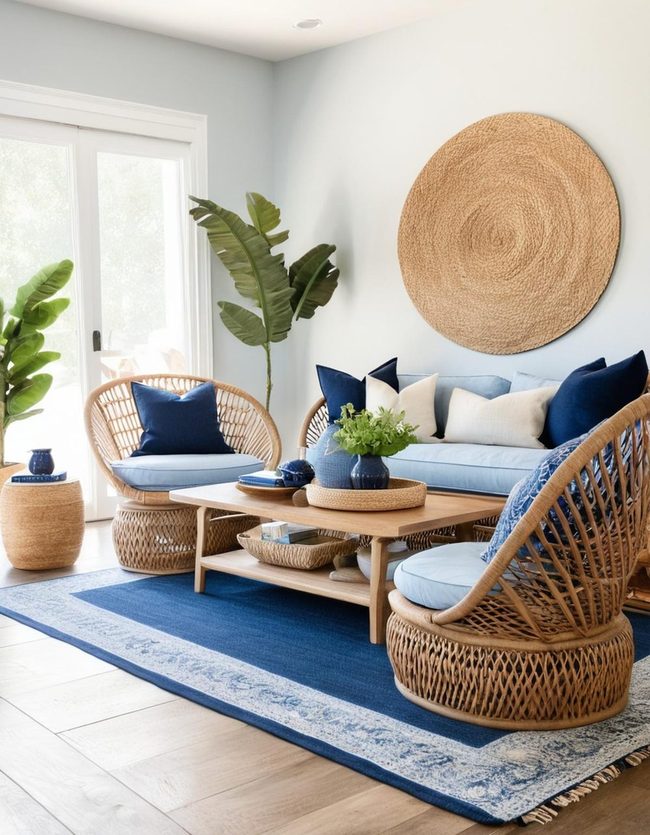 Blue Walls Meet Raw Walnut Textures
