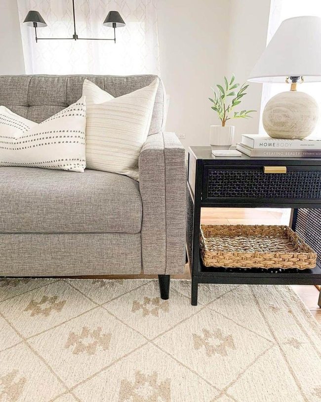Black End Table With Woven Storage