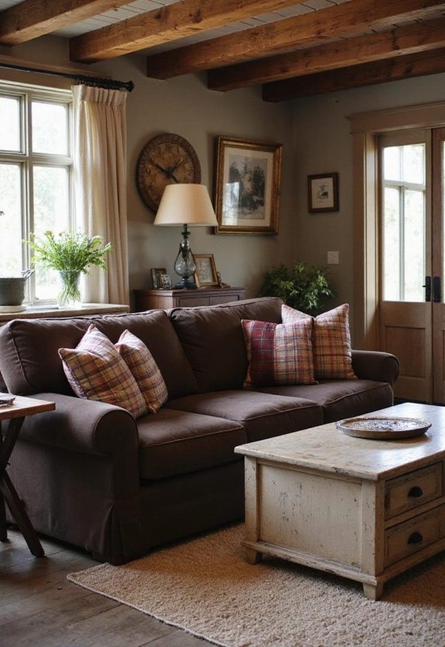 Dark Brown Couch With Distressed Wood