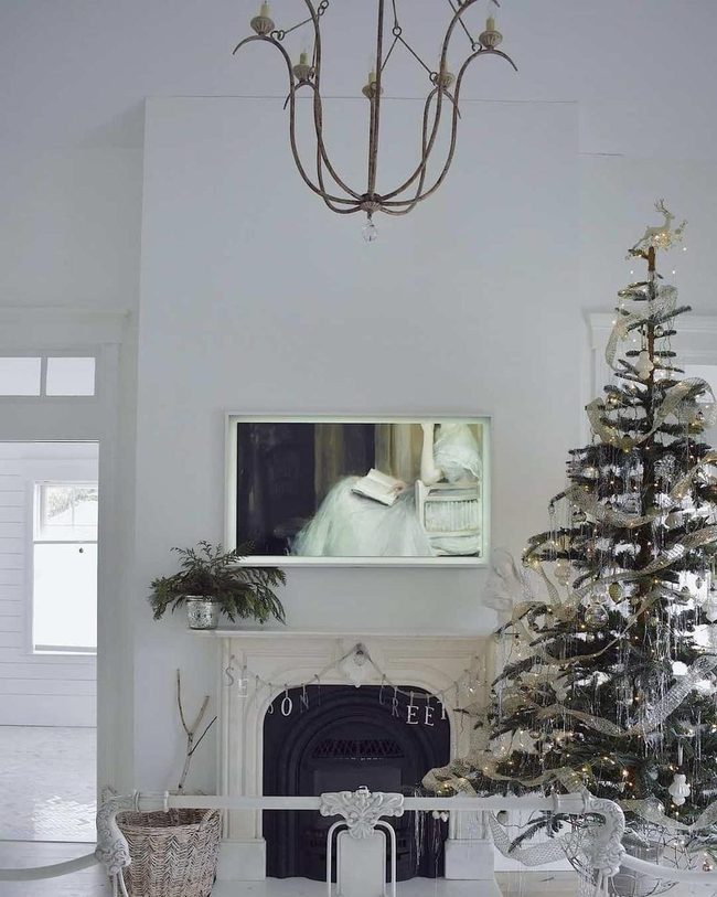 White Fireplace Meets Festive Sparkle