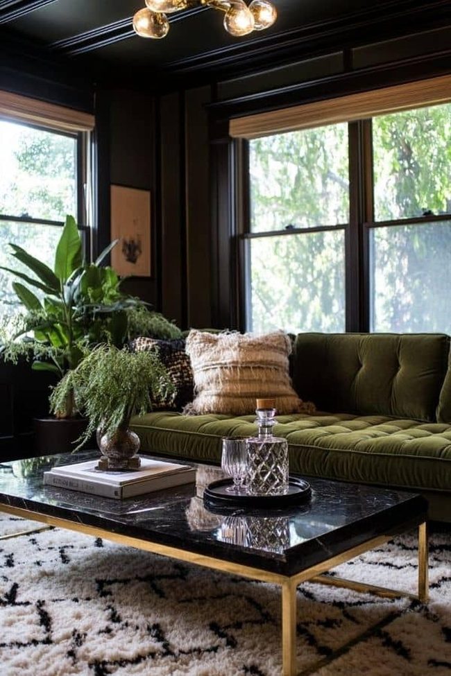 Deep Green Velvet And Marble Parlor