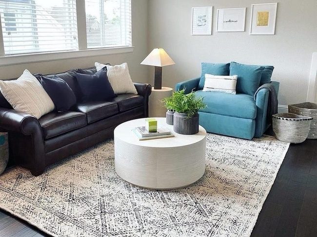 Cream Grid Rug Anchors Navy Living Room