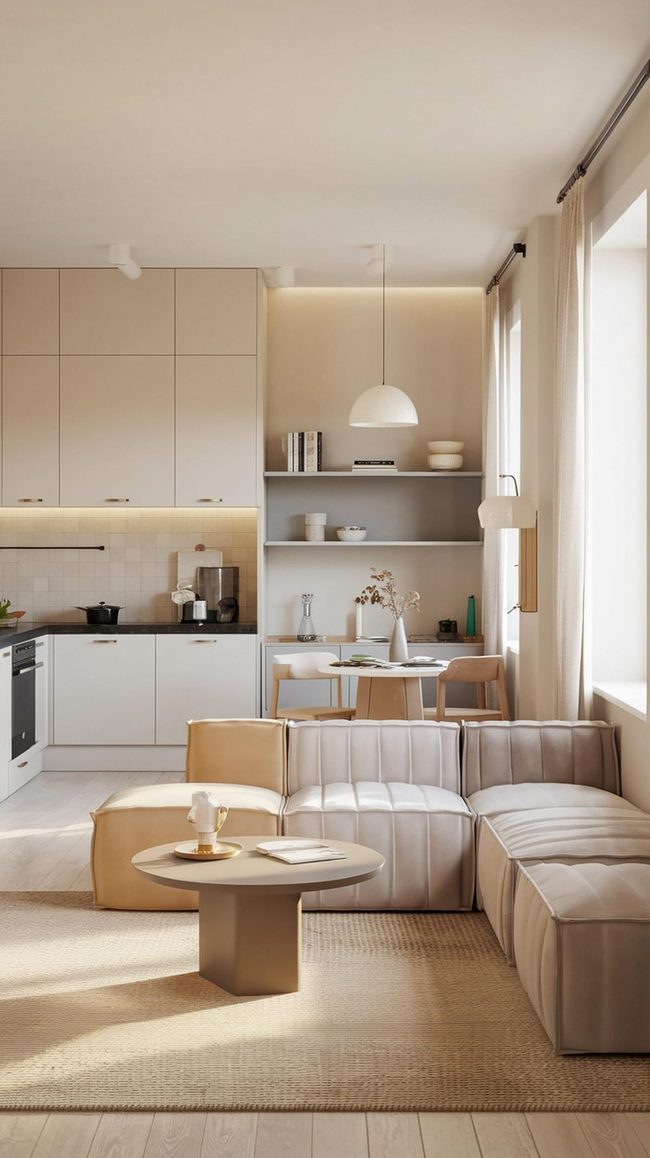 White Ceilings Define Compact Living Zones