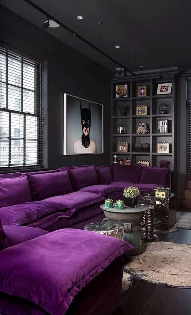Purple Sofa In Dark Modern Living Room