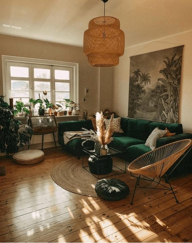 Deep Green Couch Sunlit Space
