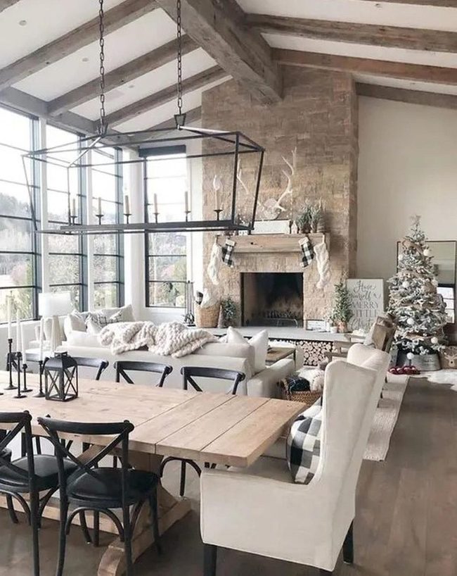 Stone Fireplace With Black-Framed Windows