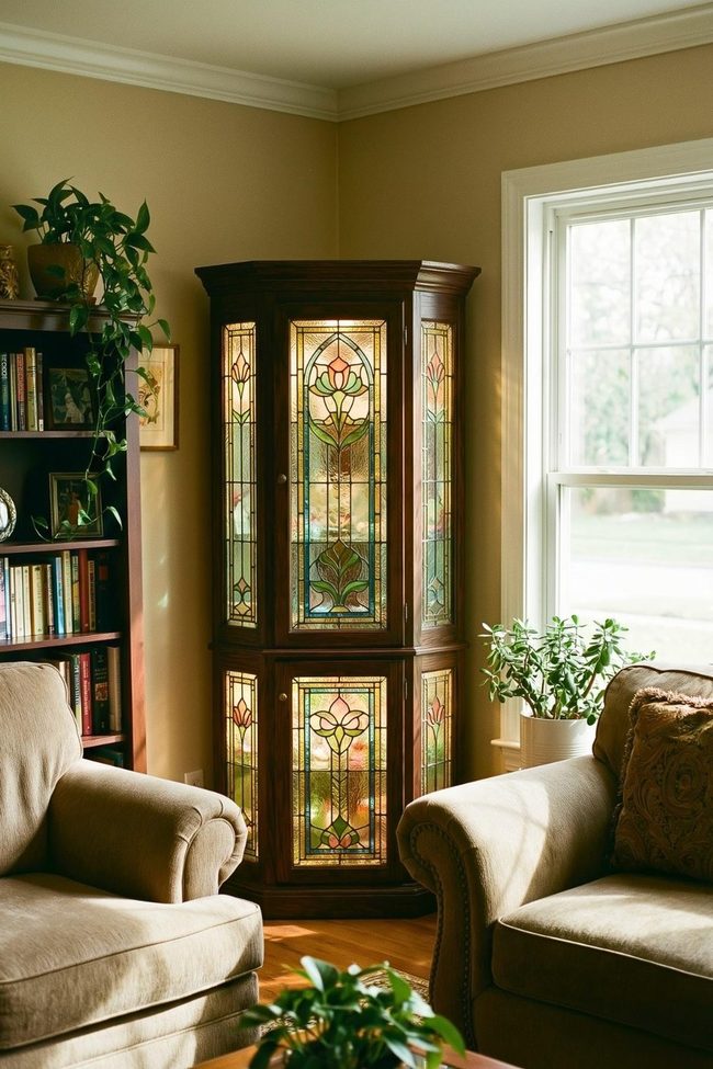 Illuminated Stained Glass Cabinet Tower