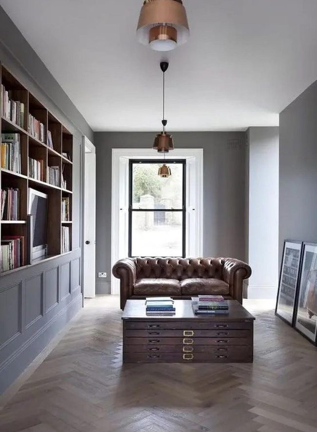 Brown Leather Meets Gray Walls