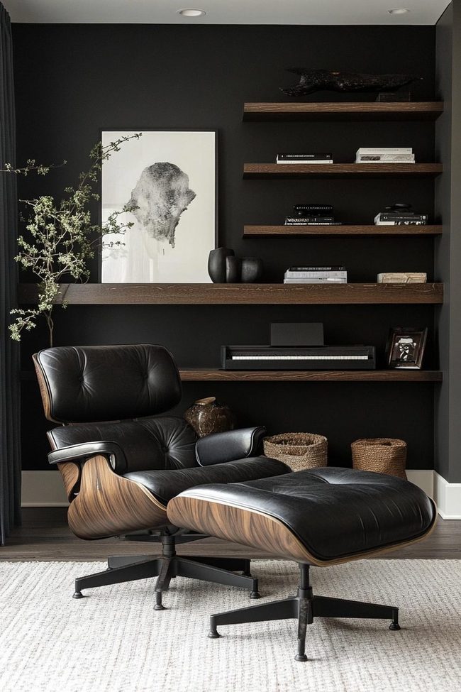 Black Shelves Against Chocolate Walls