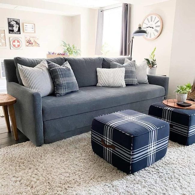 Dark Grey Walls With Blue Cushion Contrast