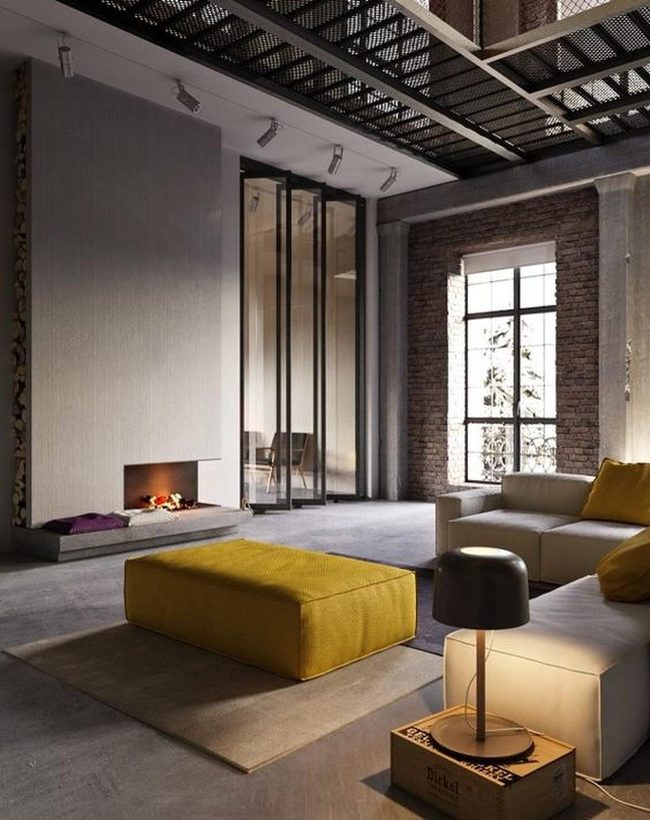 Yellow Ottoman Meets Industrial Brick