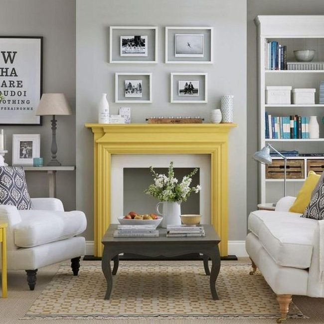 Yellow Fireplace Energizes Neutral Living Room