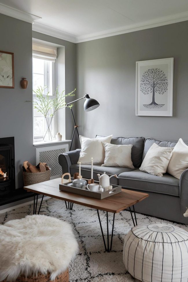Fireplace Warmth Meets Subtle Grey Living
