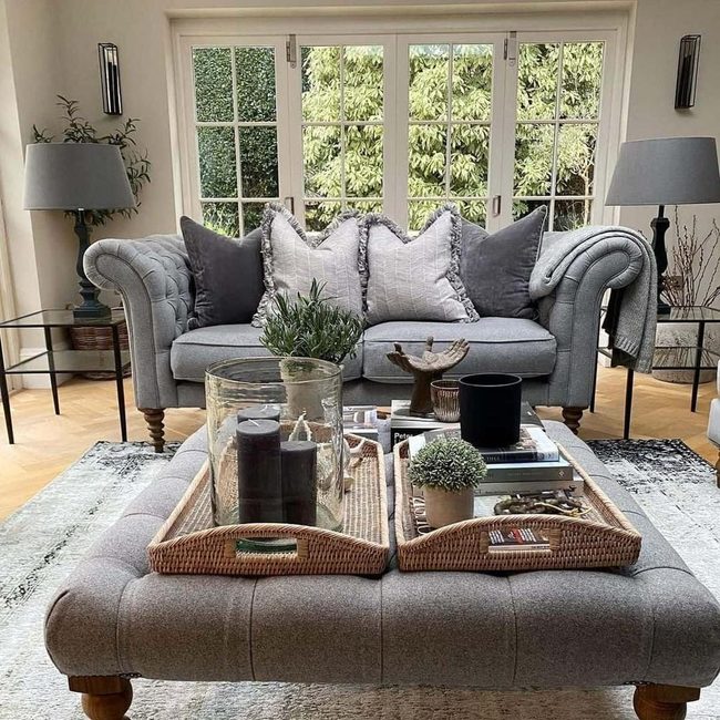 Gray Couch, Cream Walls, Light Floors