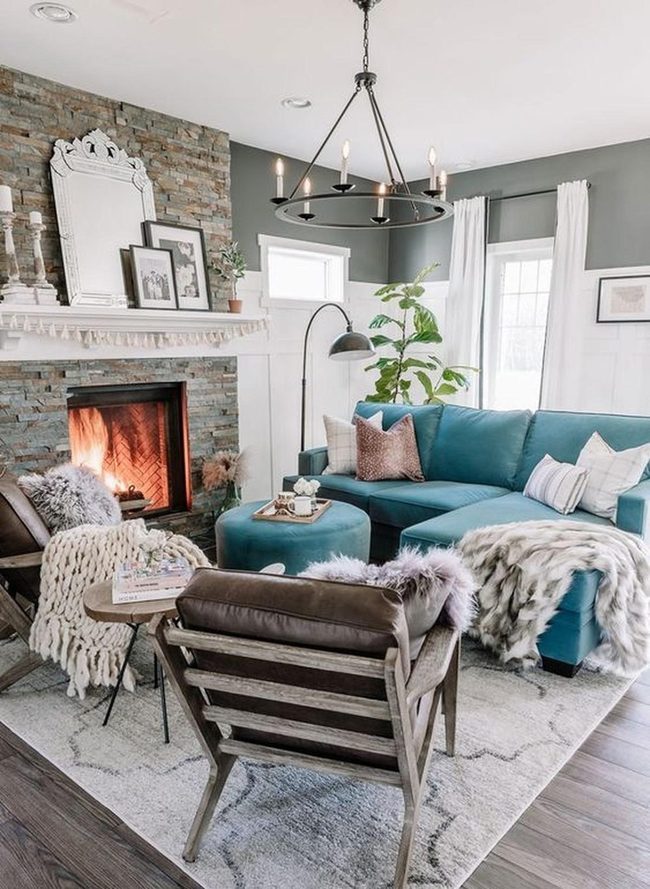 Deep Teal Sofas, Stone Fireplaces