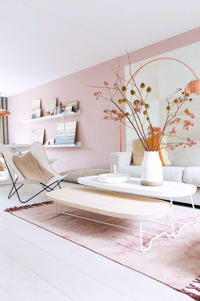 Soft Pink Living Room With Pale Wood