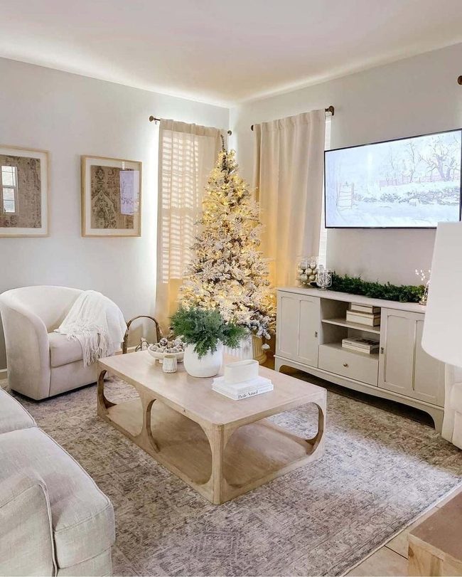 Wooden Table With Evergreen Holiday Glow