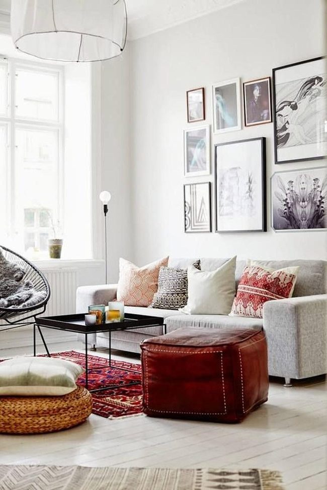 Red Pillow Accents On Gray Sofa