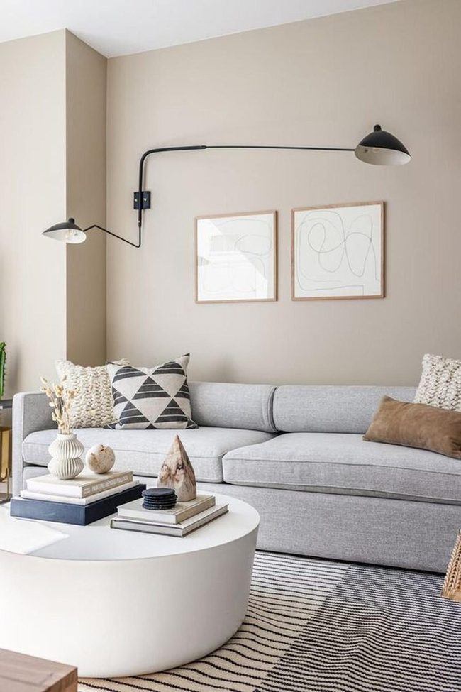 Beige Walls, Gray Sofa, Calm Minimalism