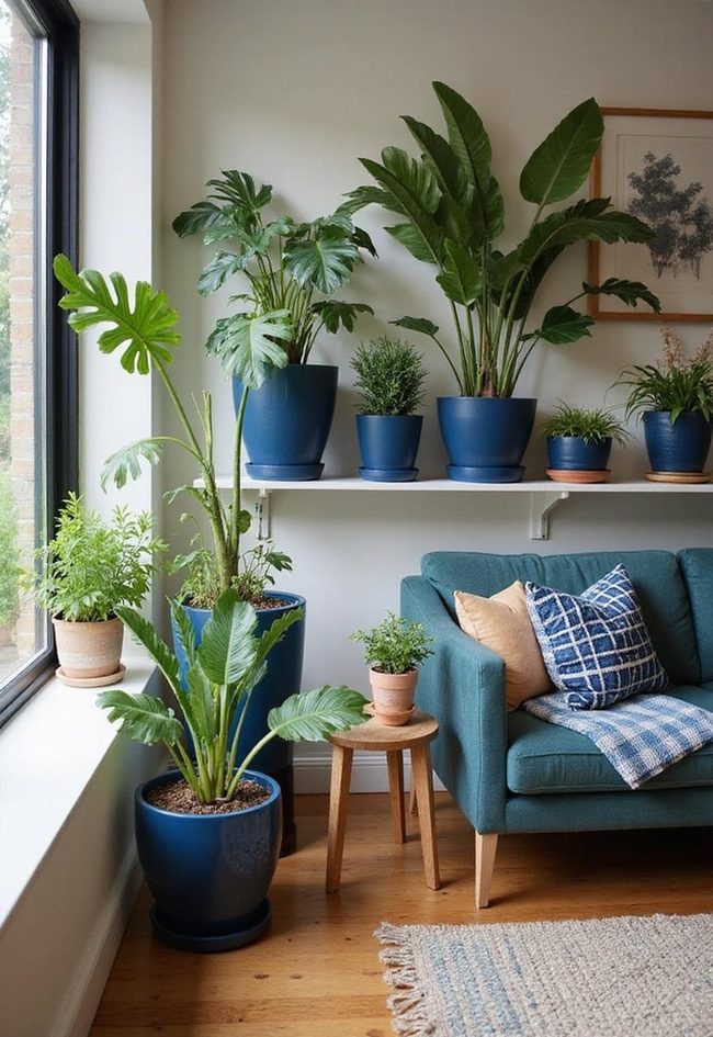 Navy Blue Pots With Living Green Plants