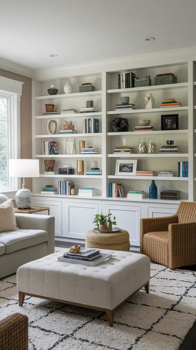 Layered Shelving With Stacked Books