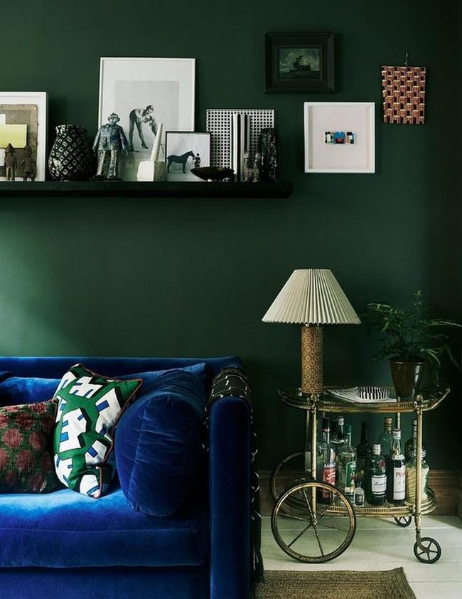 Deep Green Walls, Blue Velvet Statement