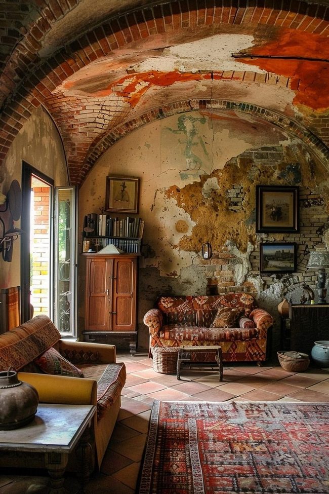 Faded Frescoes and Exposed Brick