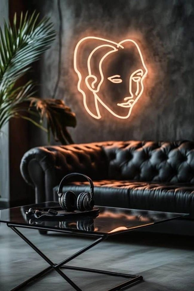 Neon Face Art Against Dark Walls